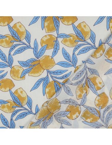 Tessuto di cotone indiano block print Limoni - Foglie blu