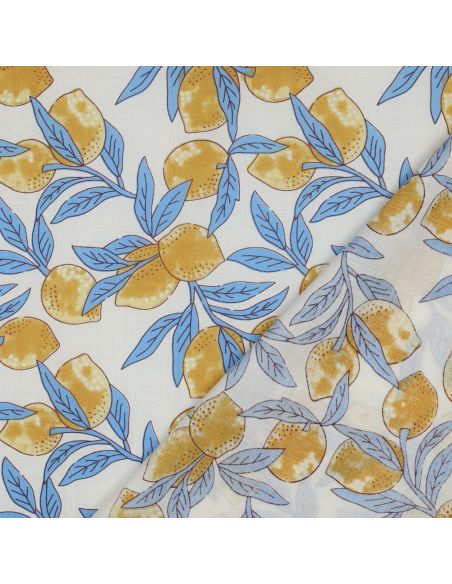 Tessuto di cotone indiano block print Limoni - Foglie blu