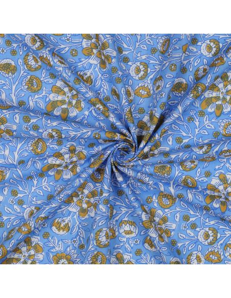 Tessuto di cotone indiano block print Myrène - Blu