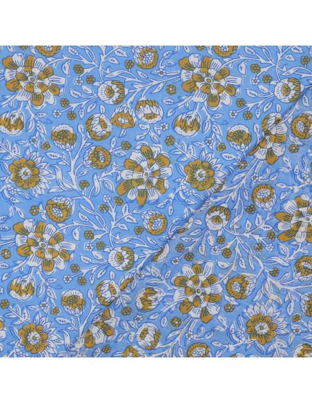 Tessuto di cotone indiano block print Myrène - Blu