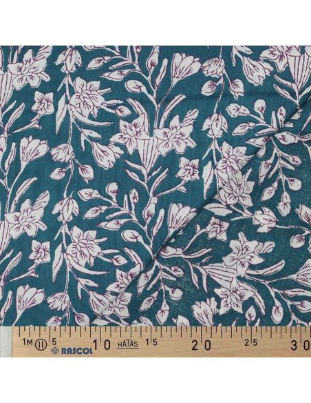 Tessuto di cotone indiano block print Kirine - Blu petrolio