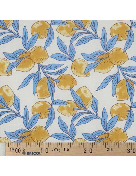 Tessuto di cotone indiano block print Limoni - Foglie blu