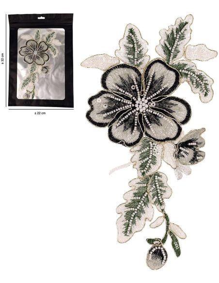 Toppa fiore perline da cucire XL - Grigio e nero