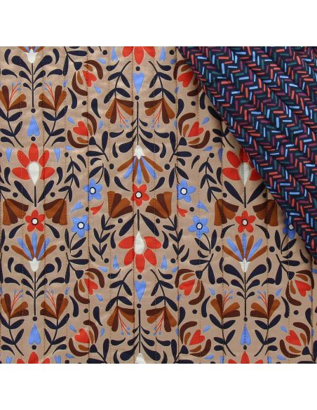 Tessuto di cotone trapuntato Lafleur - Beige e blu